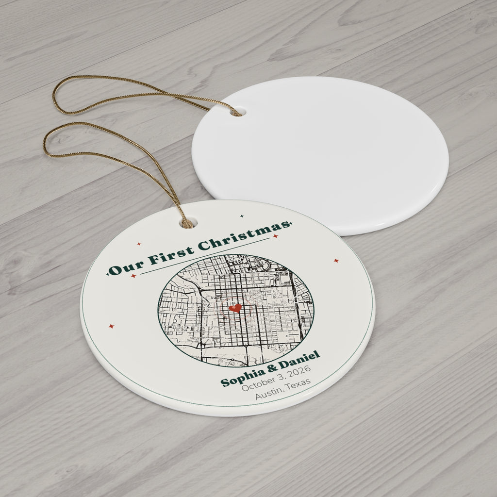 Personalized Newlywed First Christmas Ornament, Custom Our First Christmas Map Ornament with Couple Names and Wedding Date