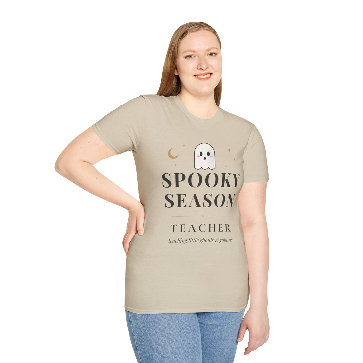 Spooky Season Teacher Shirt, Halloween Teacher Tee, Teaching Little Ghouls and Goblins, Unisex Softstyle Sand
