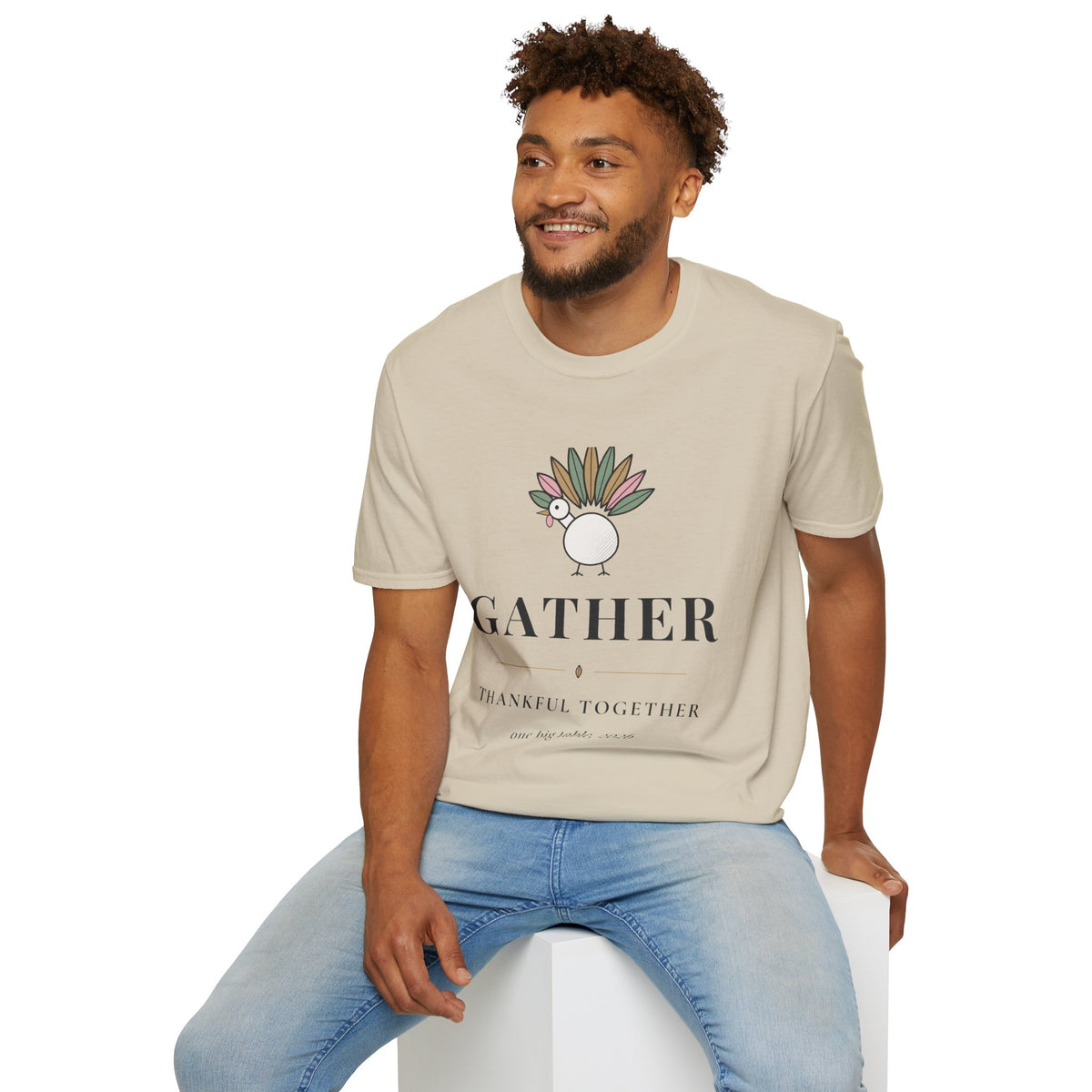 Gather Thankful Together Family Thanksgiving Shirt, Matching Turkey Tee 2026, Unisex Softstyle Sand