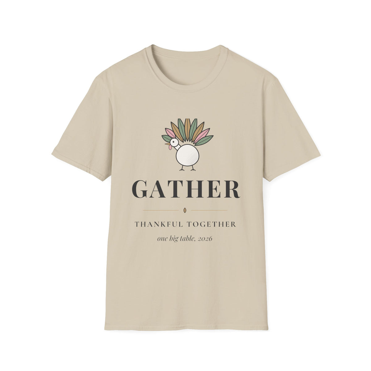 Gather Thankful Together Family Thanksgiving Shirt, Matching Turkey Tee 2026, Unisex Softstyle Sand