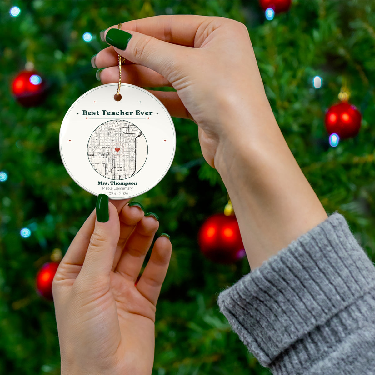 Personalized Teacher Christmas Ornament, Custom Best Teacher Ever Map Ornament with Name, School and Year