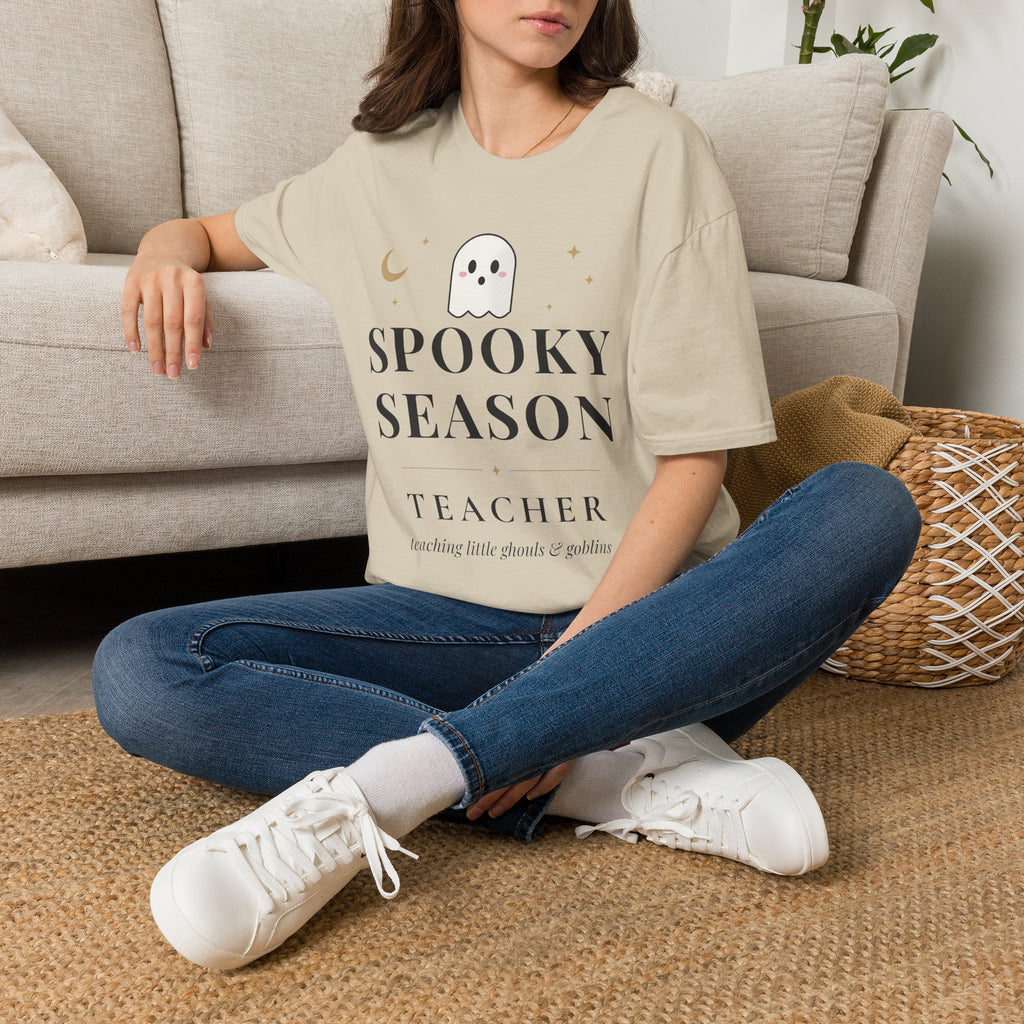 Spooky Season Teacher Shirt, Halloween Teacher Tee, Teaching Little Ghouls and Goblins, Unisex Softstyle Sand