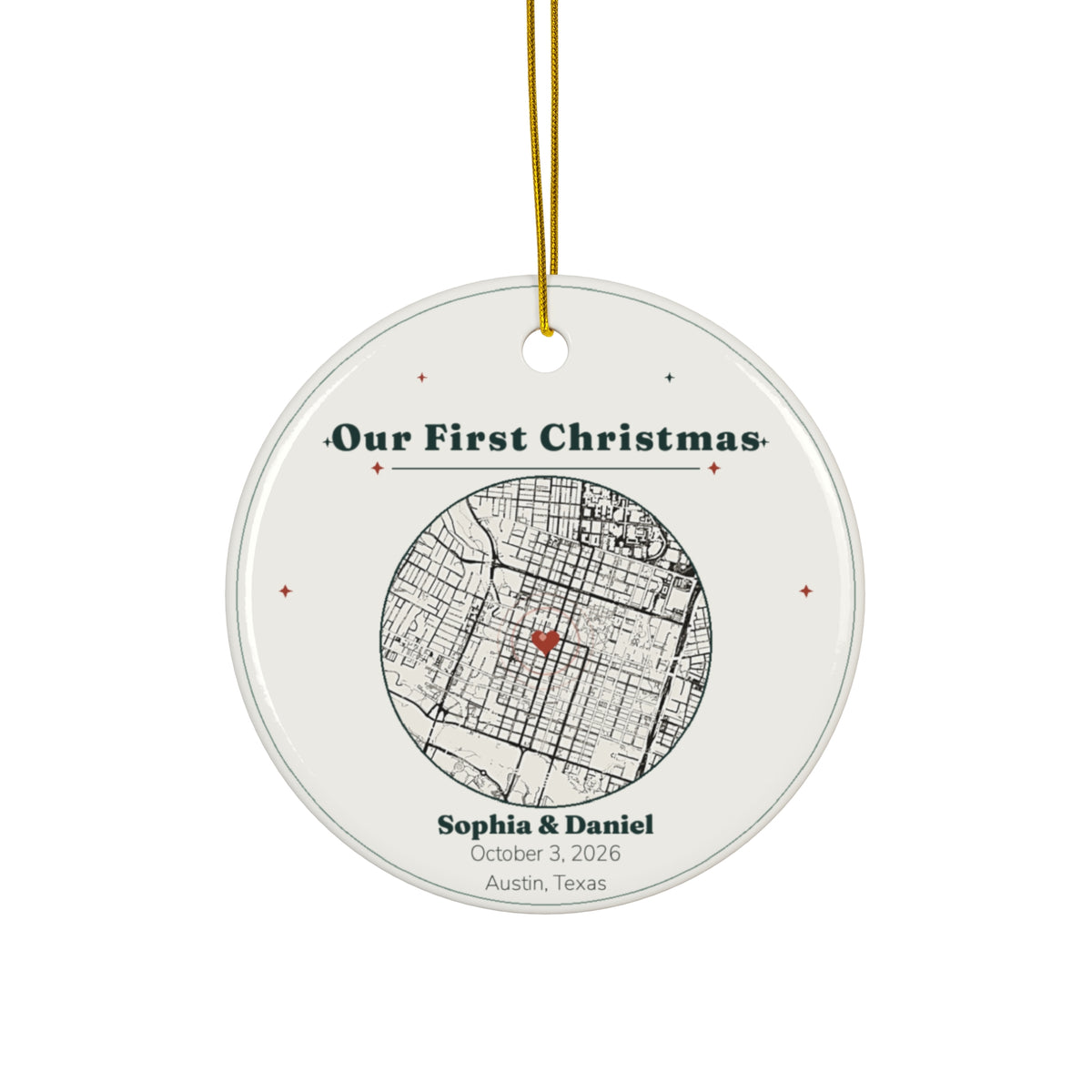 Personalized Newlywed First Christmas Ornament, Custom Our First Christmas Map Ornament with Couple Names and Wedding Date