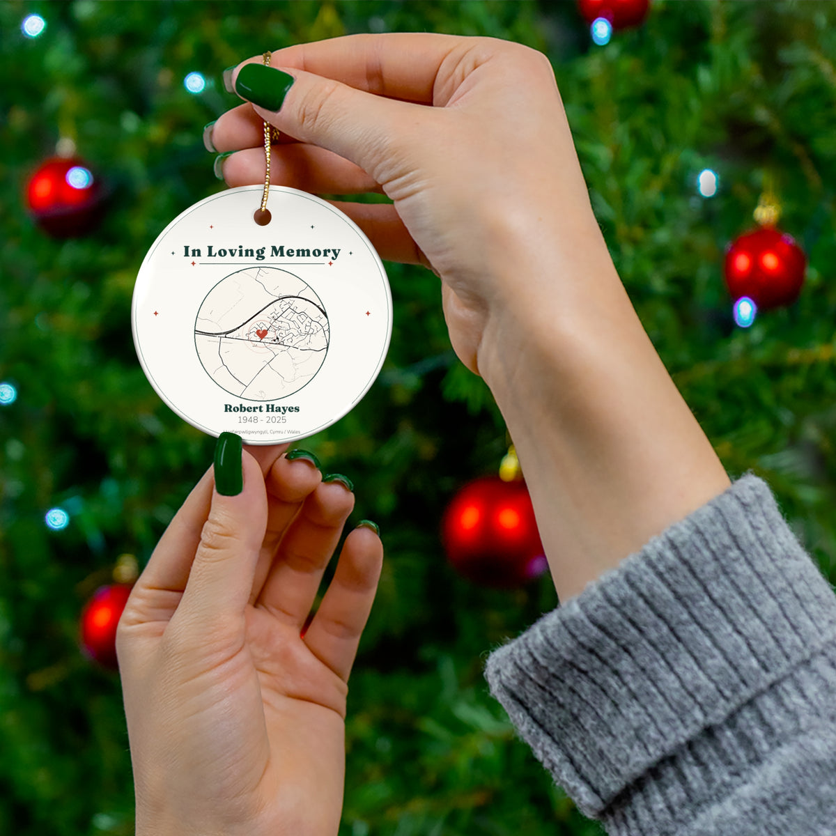 Personalized In Loving Memory Christmas Ornament, Custom Memorial Map Ornament with Name and Dates