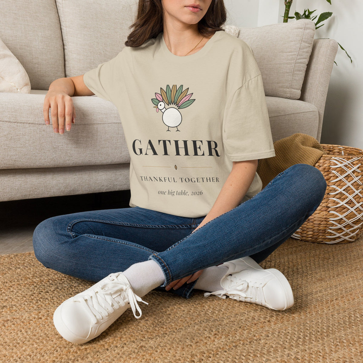 Gather Thankful Together Family Thanksgiving Shirt, Matching Turkey Tee 2026, Unisex Softstyle Sand