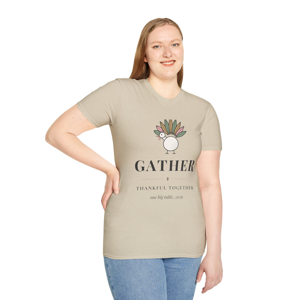 Gather Thankful Together Family Thanksgiving Shirt, Matching Turkey Tee 2026, Unisex Softstyle Sand