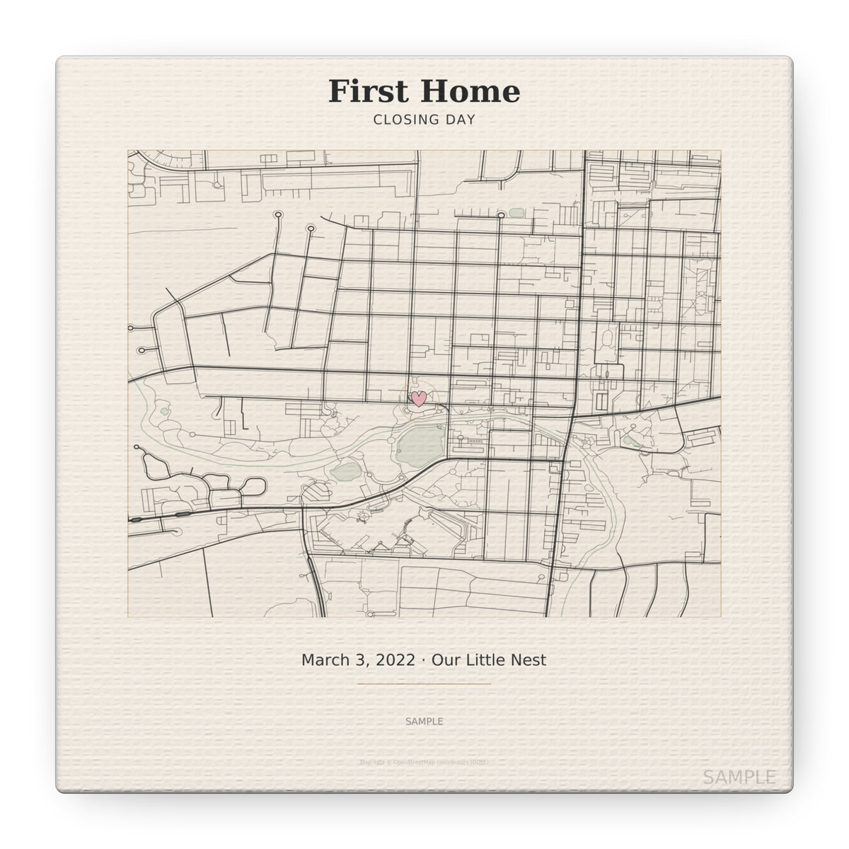 First Home map canvas – personalized closing-day housewarming gift