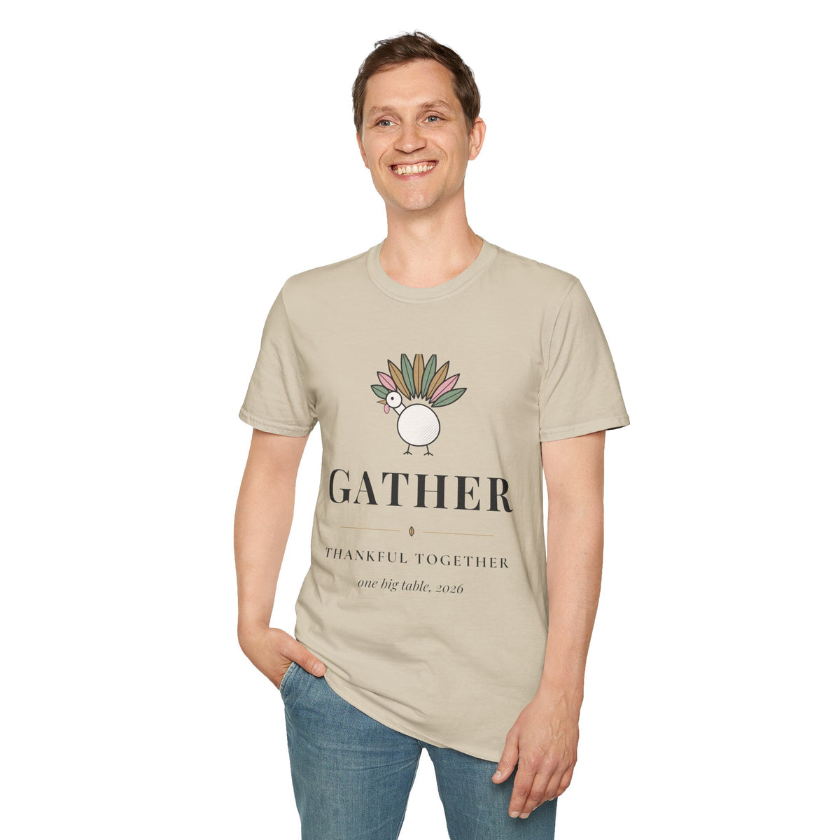 Gather Thankful Together Family Thanksgiving Shirt, Matching Turkey Tee 2026, Unisex Softstyle Sand