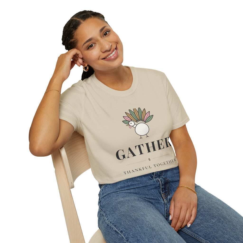 Gather Thankful Together Family Thanksgiving Shirt, Matching Turkey Tee 2026, Unisex Softstyle Sand